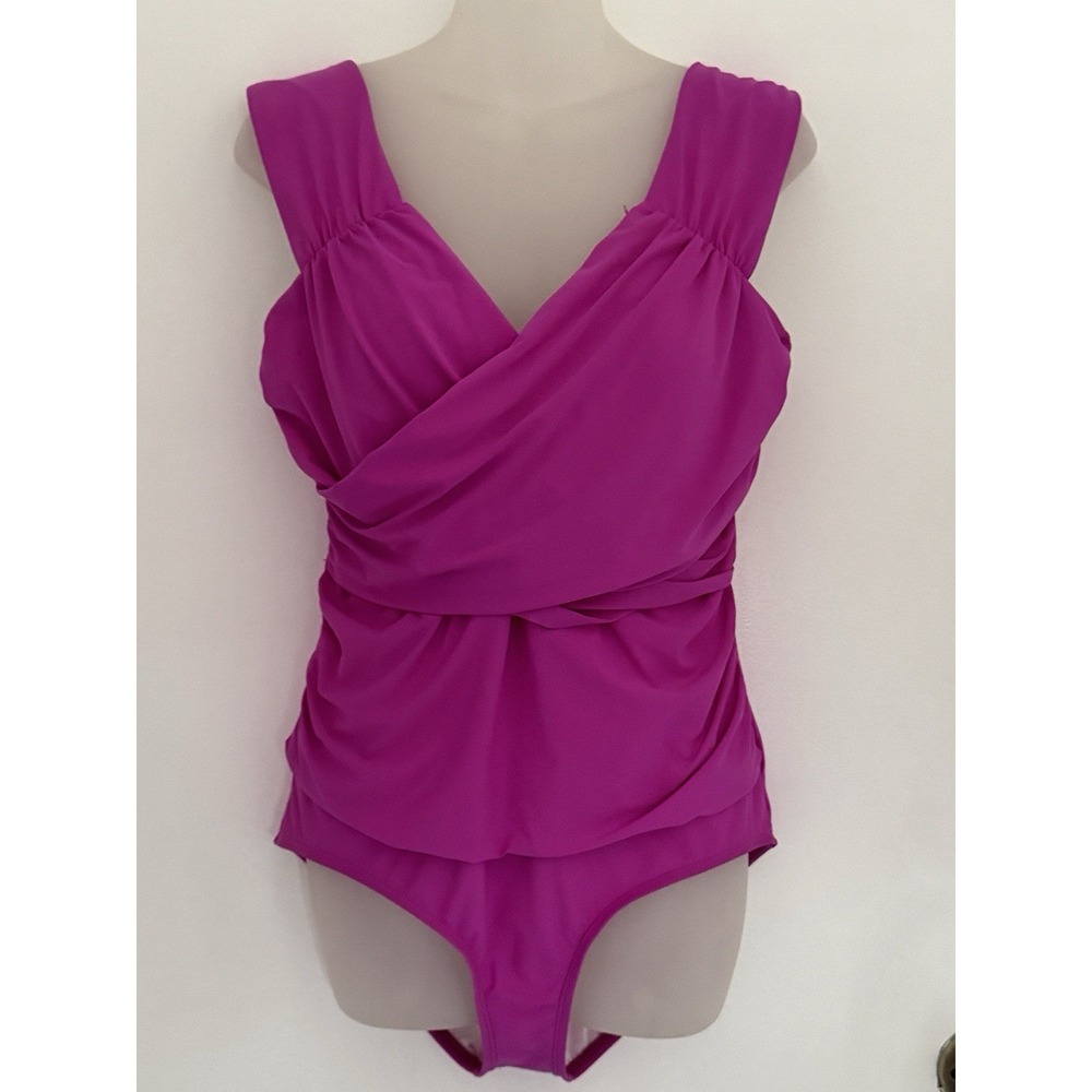 ATHENA Swimsuit Womens 14 Pink 1-Piece Bathing Suit Crossover Front Wide Straps